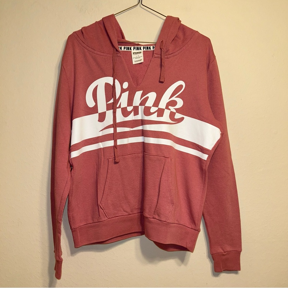 Victoria Secret Pink V-neck‎ Pullover Logo hoodie sweatshirt Pink Size L